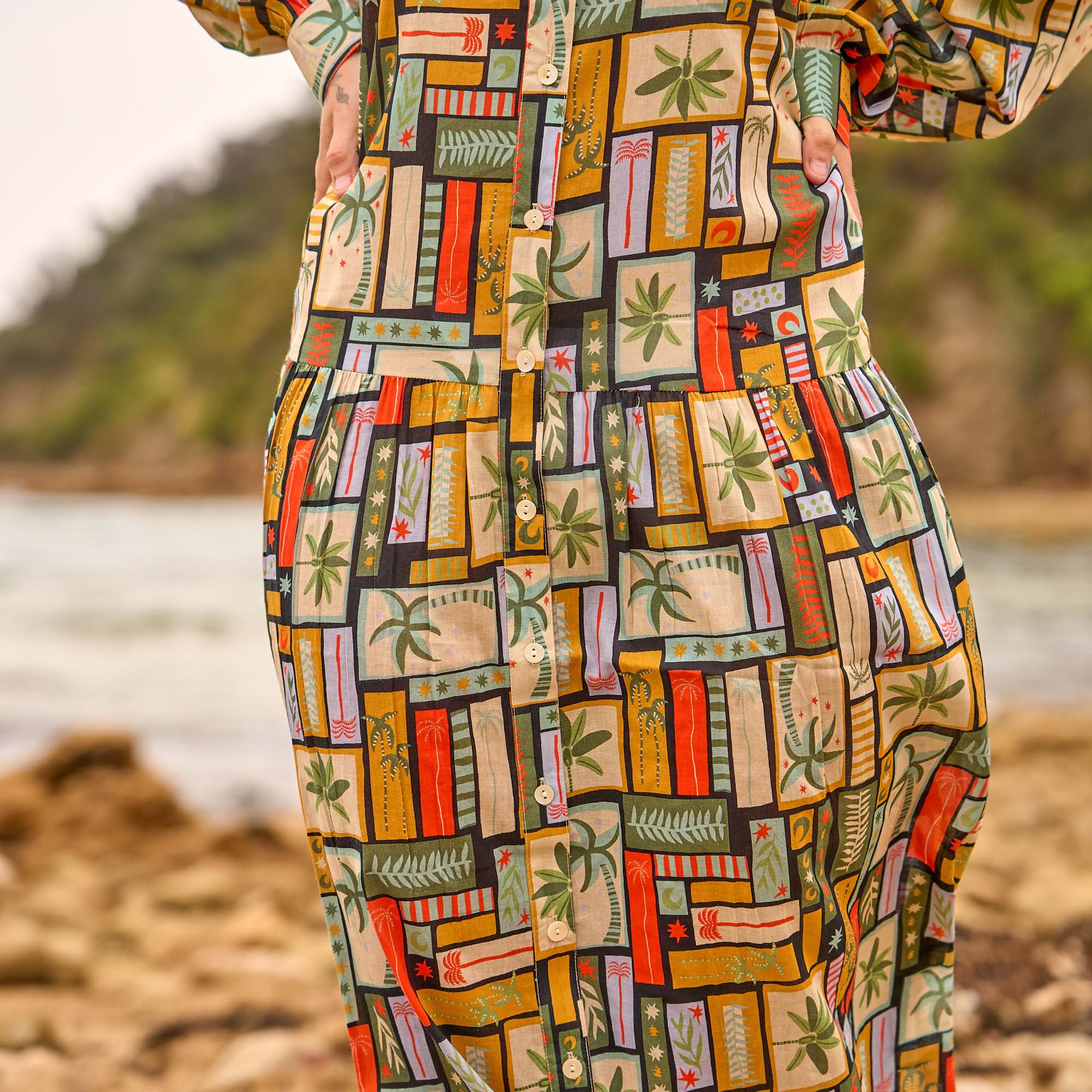 Bohemian geometric print maxi shirt dress for women, ideal for resort wear, summer days, and casual outings.