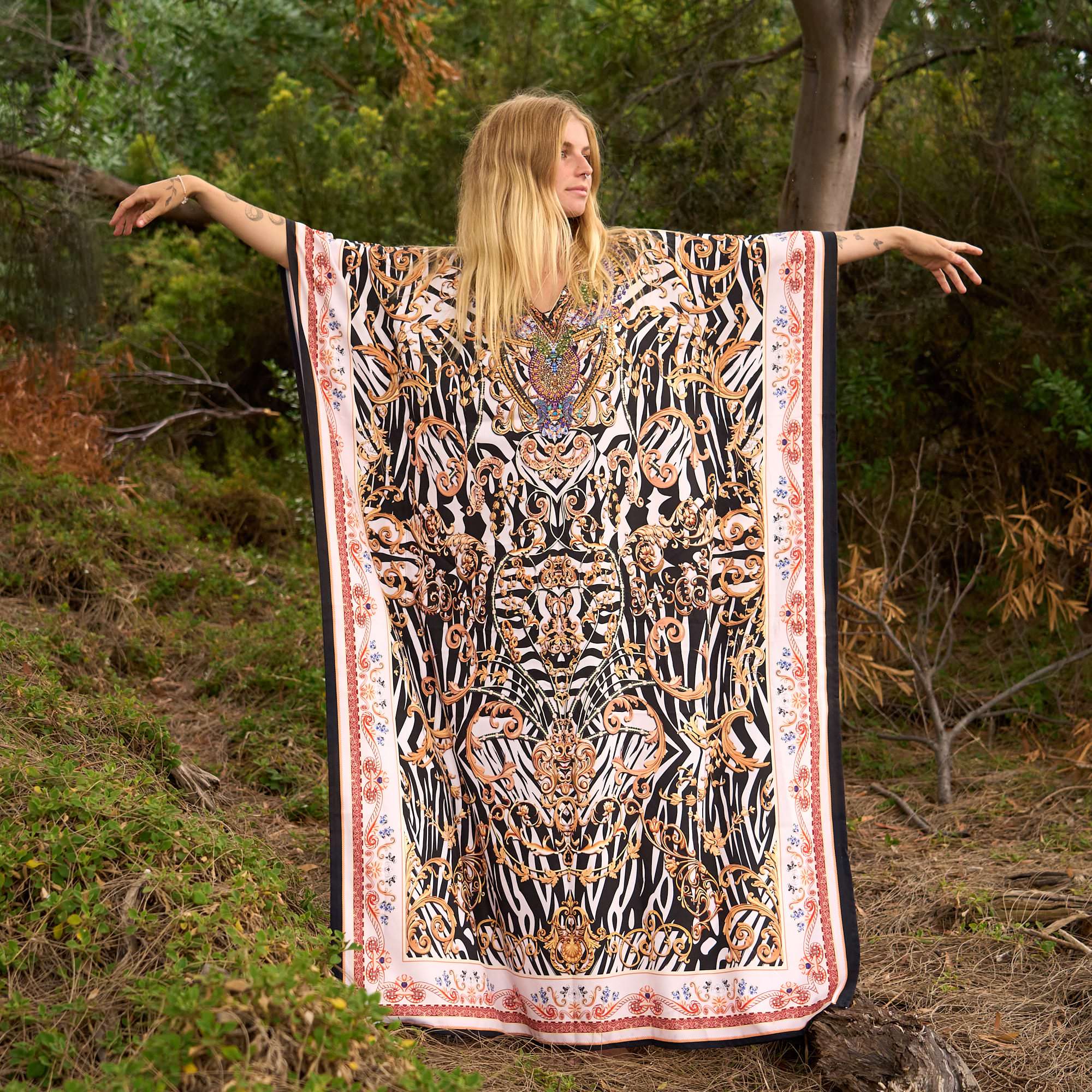 Safari Luxe Silk Kaftan in Regal Style