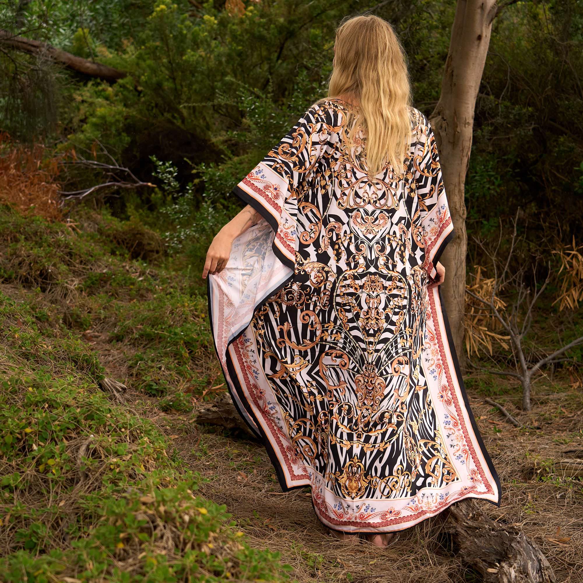 Safari Luxe Silk Kaftan in Regal Style