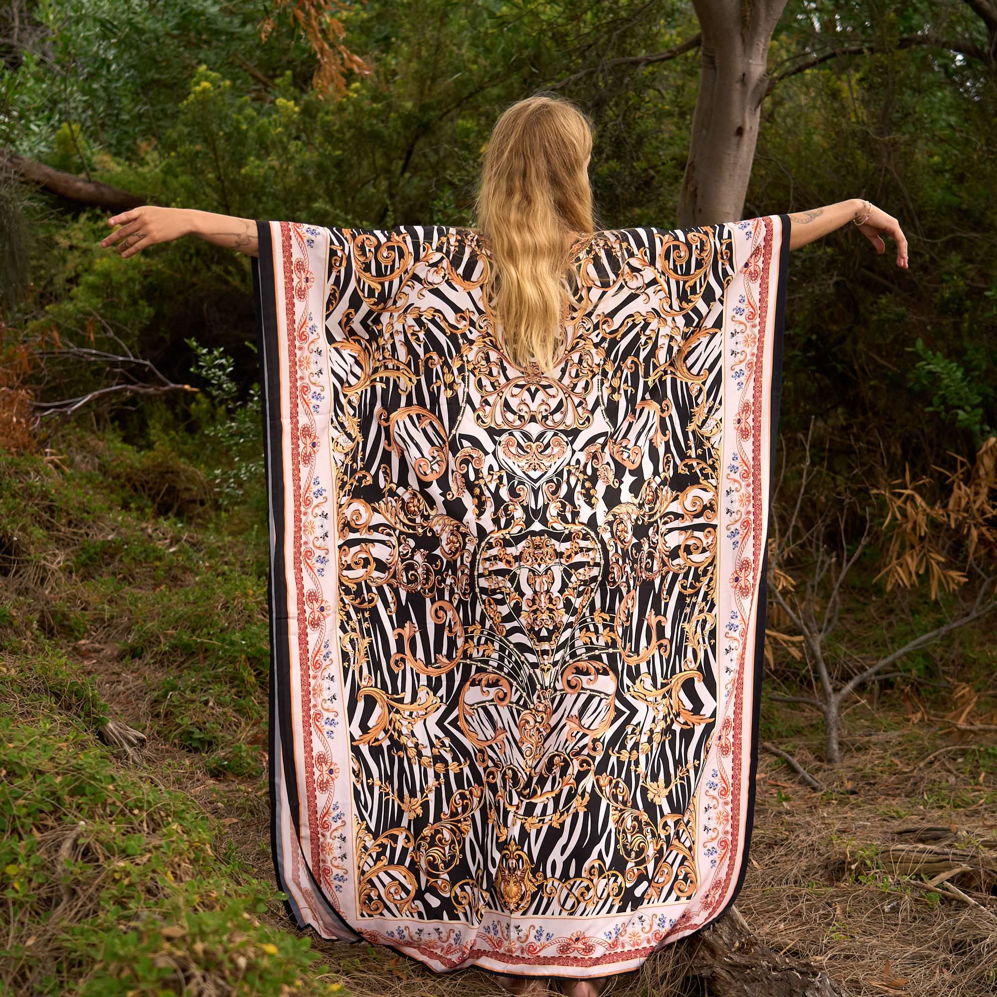 Safari Luxe Silk Kaftan in Regal Style