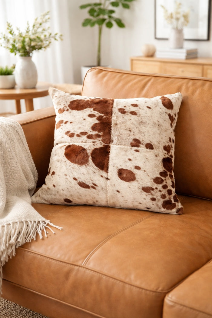 Handcrafted brown white cowhide cushion cover boho home décor