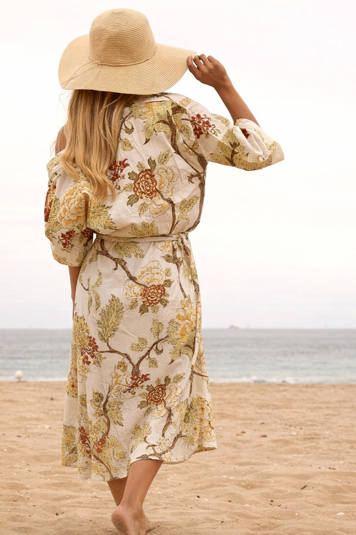 Spiritual Tree cotton kimono with earthy tones and nature-inspired print, lightweight boho cover-up