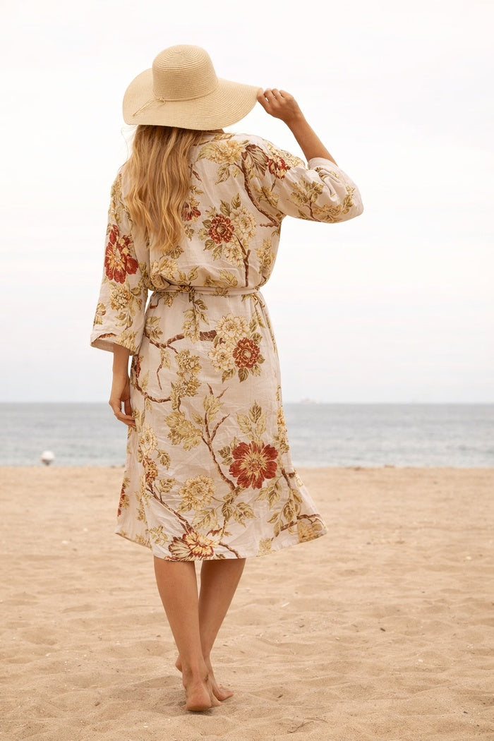 Earthy look cotton kimono featuring spiritual tree design, relaxed fit summer layering piece