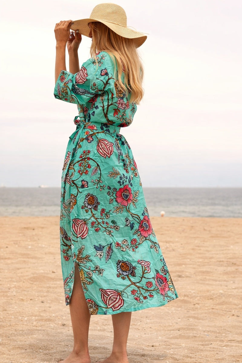 Frida's Vibrance cotton kimono with colourful floral print, lightweight boho summer cover-up