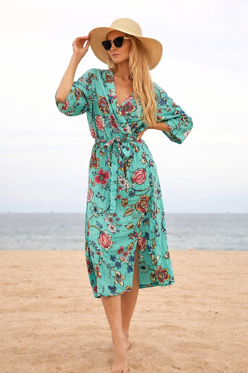 Colourful floral cotton kimono inspired by Frida style, vibrant bohemian layering piece