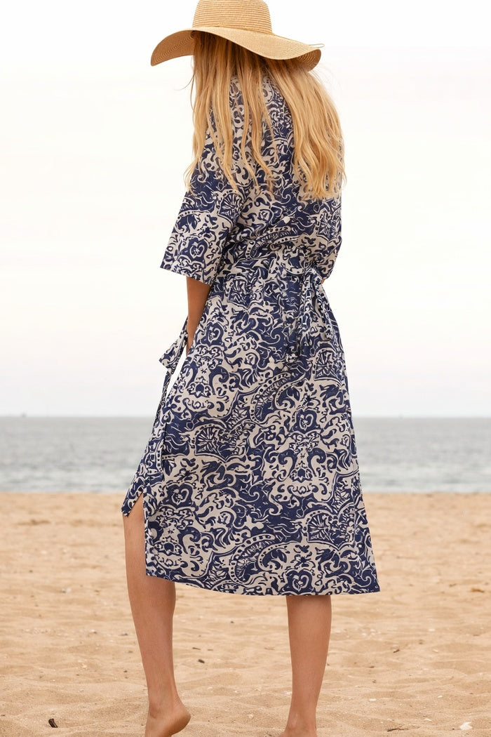 Indigo India cotton kimono in deep blue tones, lightweight boho layering piece