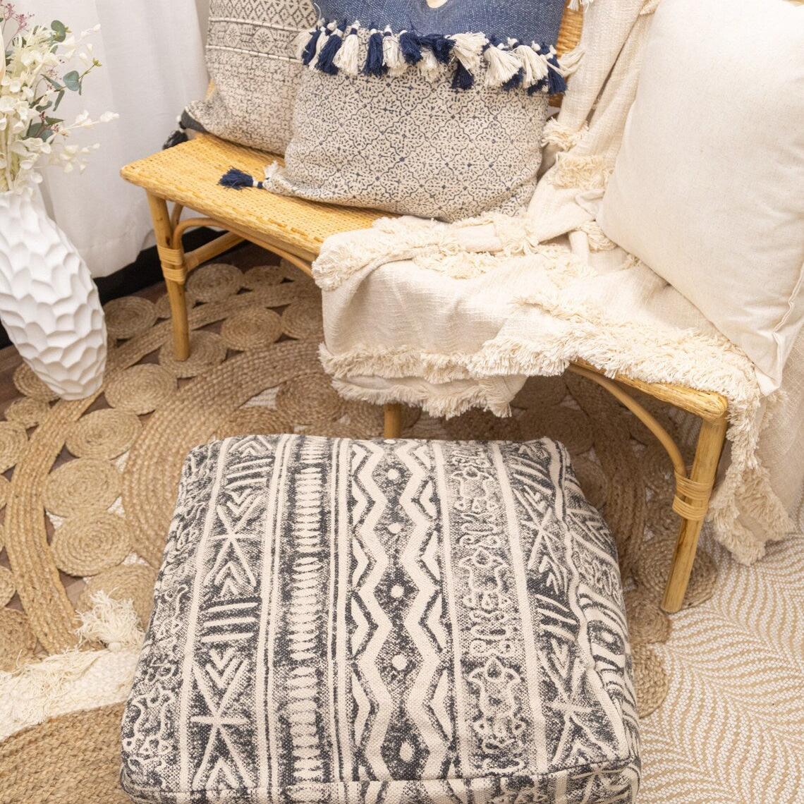 Boho monochrome Kilim ottoman cushion cover in black and natural colours