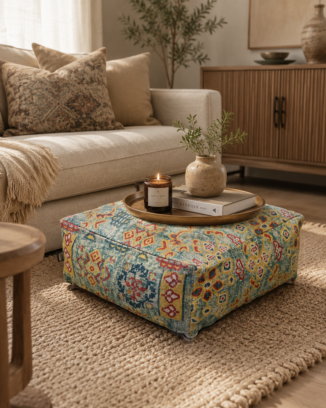 Multicolor tribal handwoven ottoman cushion cover in boho style