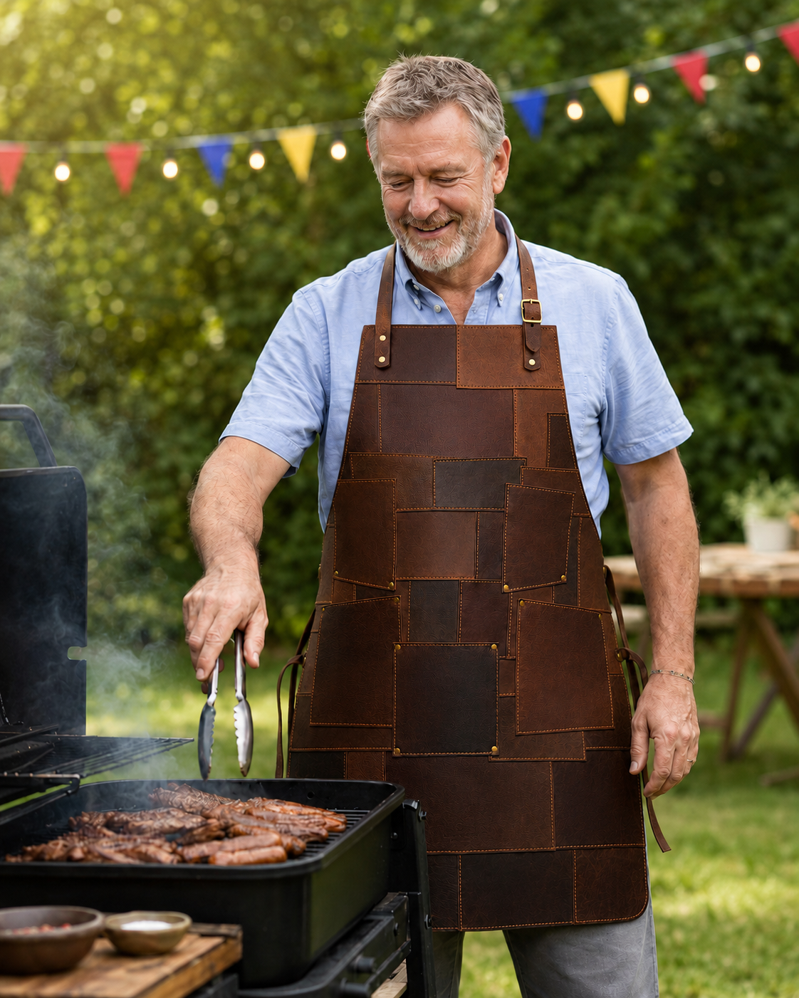 Stylish leather patchwork apron for chefs, grill masters, and coffee baristas