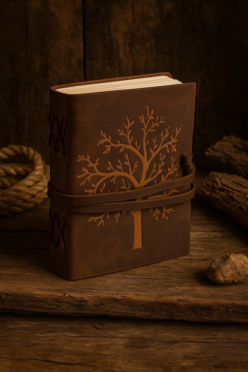 Handcrafted brown leather journal with embossed Tree of Life design – Boho-Eclectica