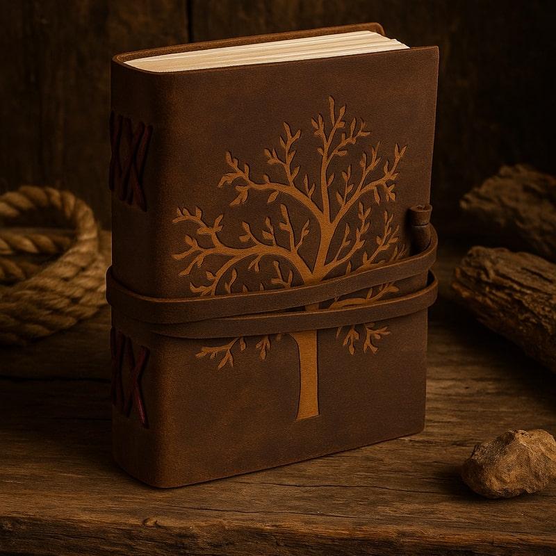 Brown genuine leather journal with an embossed Tree of Life design and wrap-around tie closure.