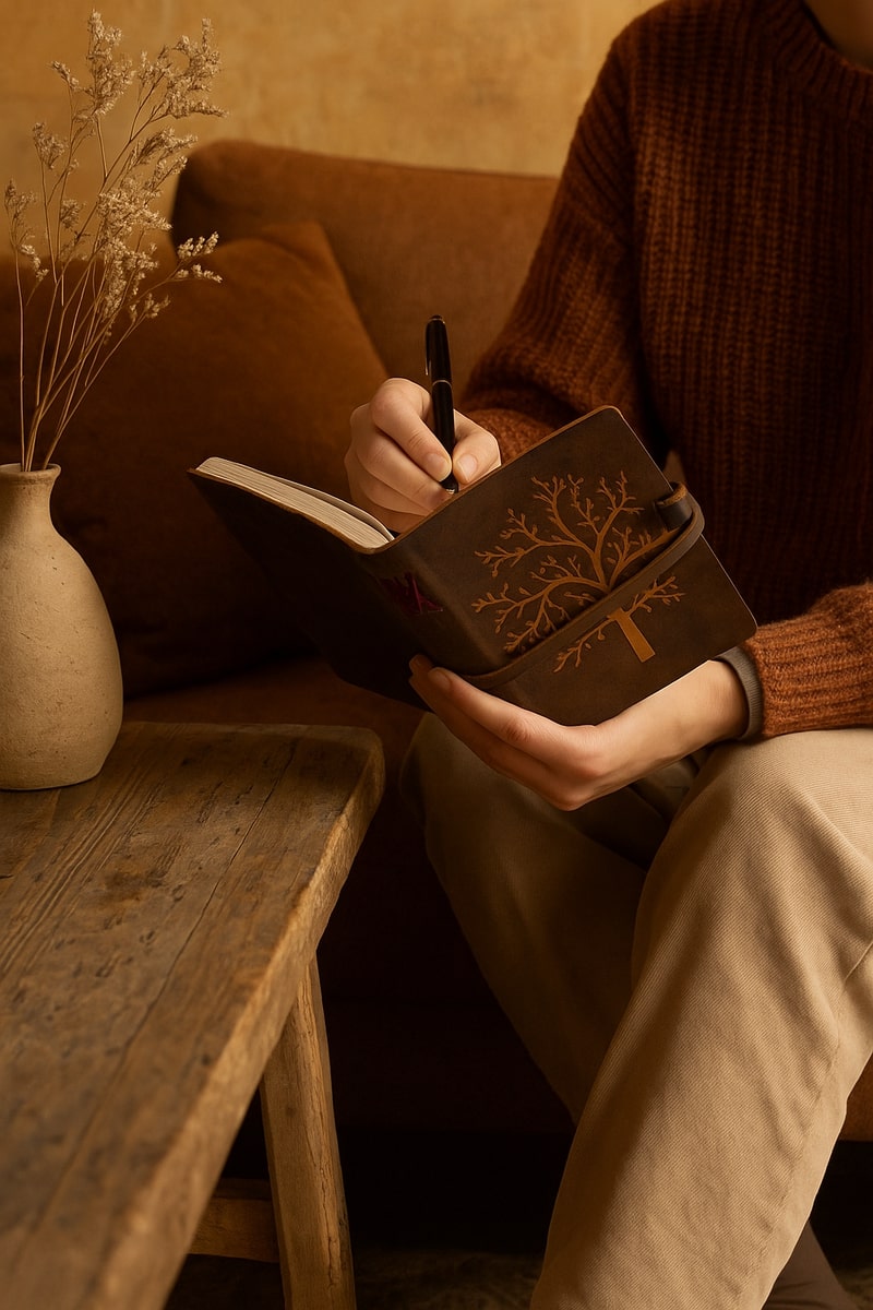 Rustic handmade leather notebook featuring Tree of Life cover – artisan writing journal