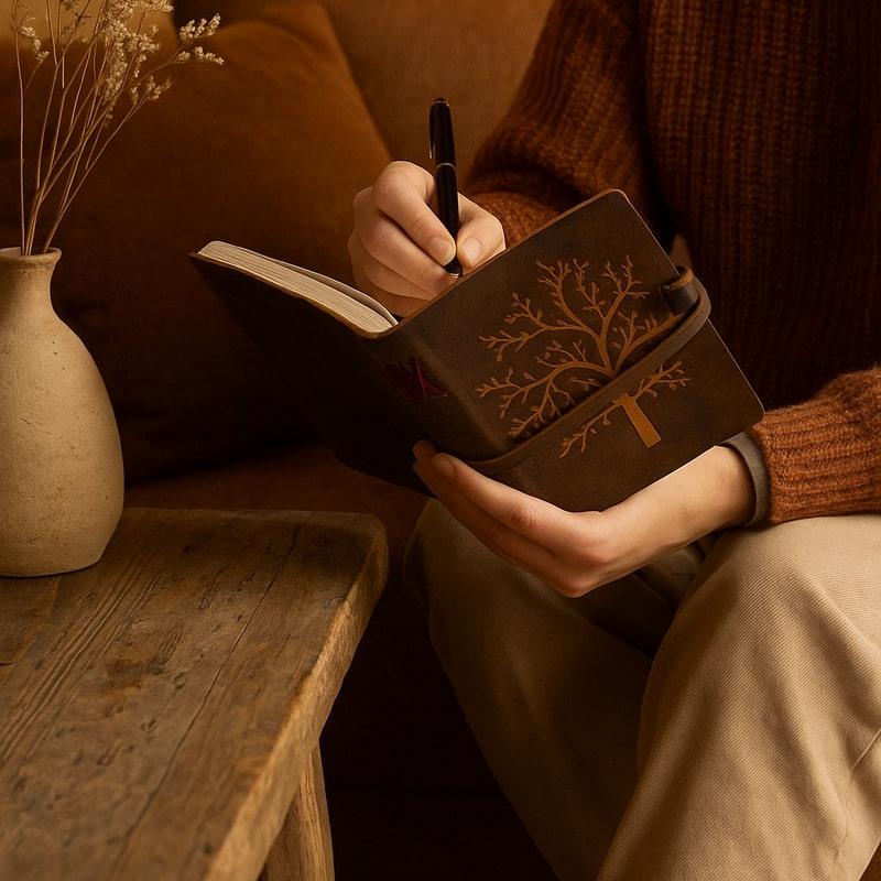 Person writing in a brown leather journal with an embossed Tree of Life design and wrap-around strap.