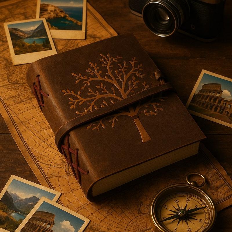 Brown leather journal with an embossed Tree of Life design, wrap-around strap, and visible stitching, on a map with travel postcards and a compass.