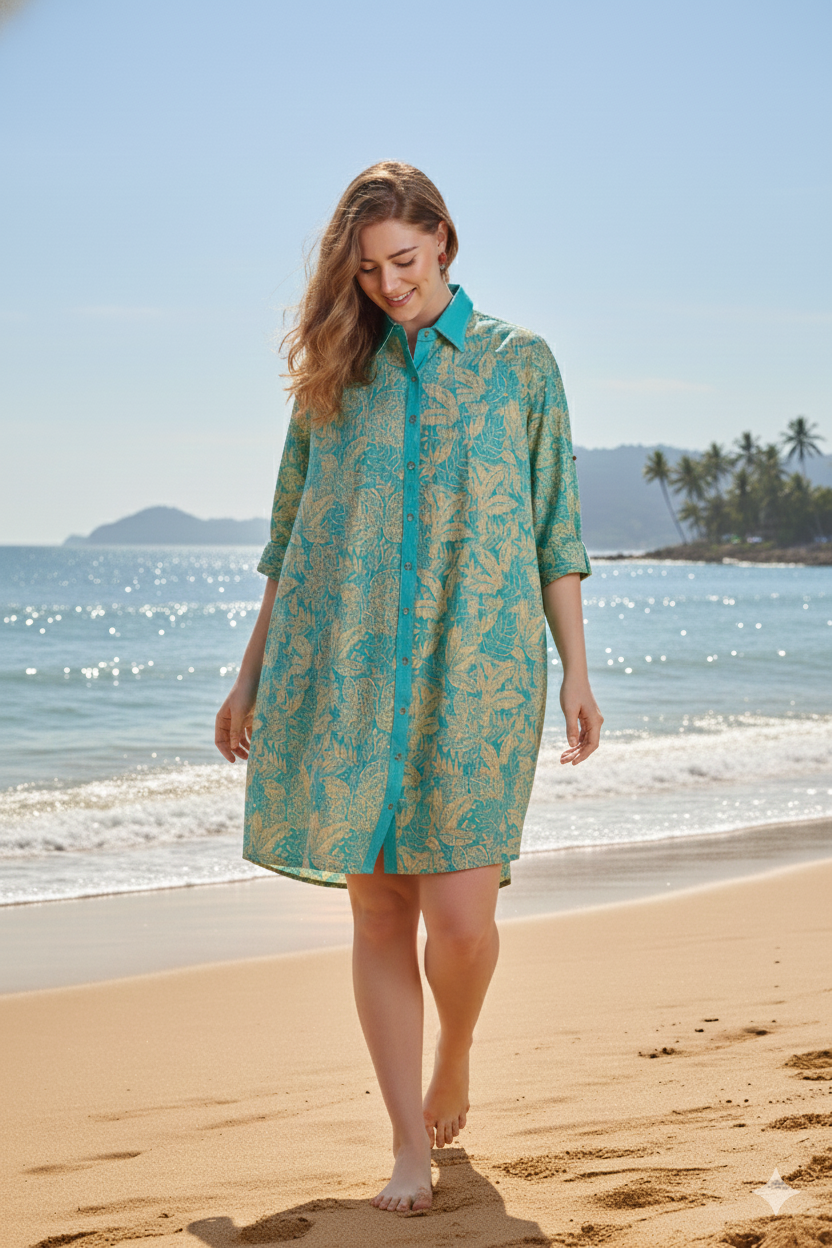 Aqua Bloom hand block printed cotton shirt dress for women, front view