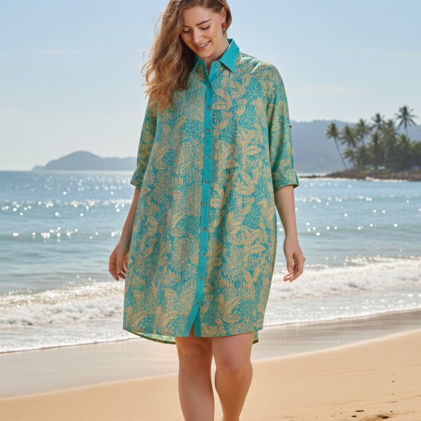 Aqua Bloom hand block printed cotton shirt dress for women, front view