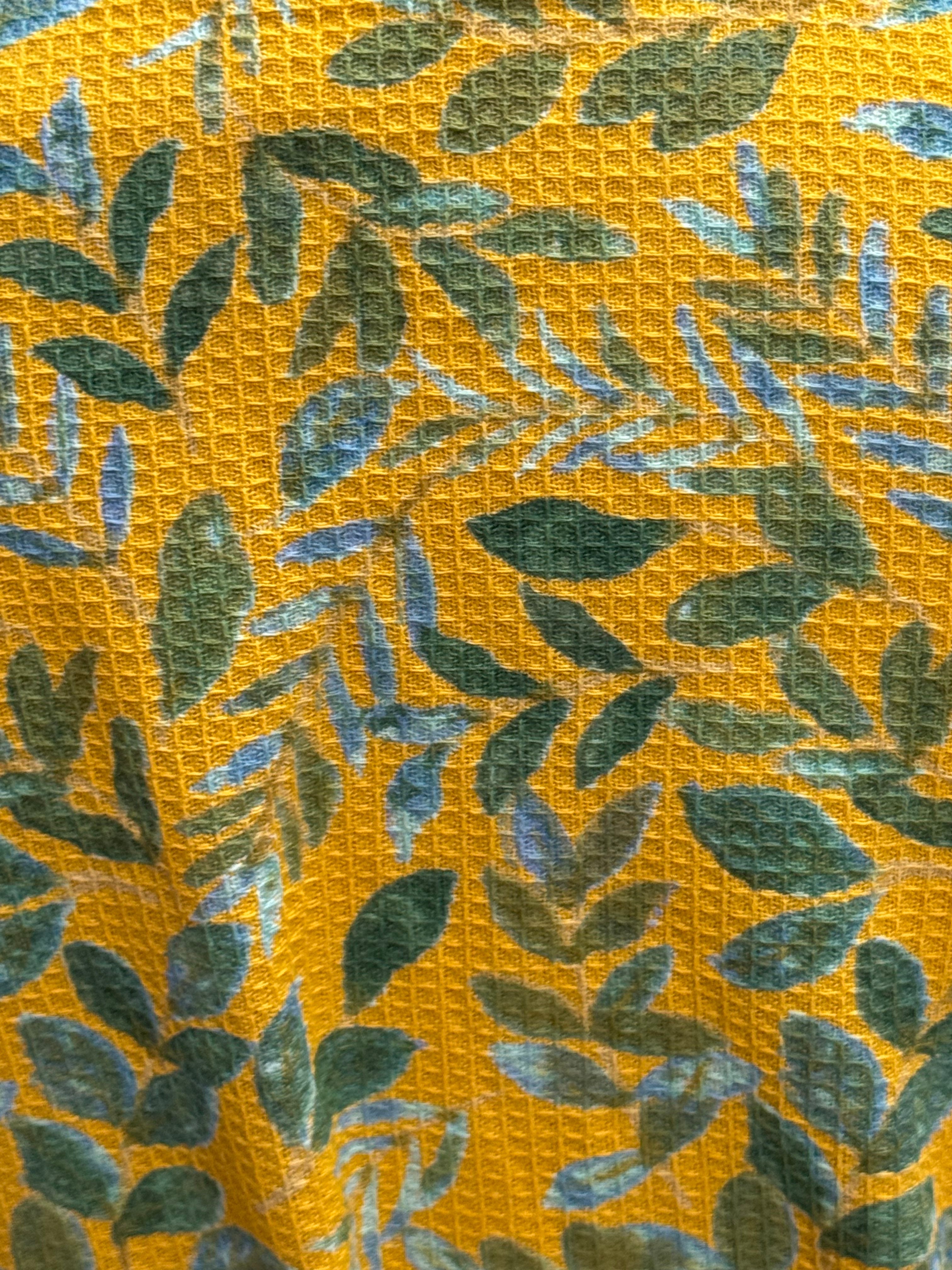Waffle Cotton Kimono Robe - Botanical Yellow Leaf Design