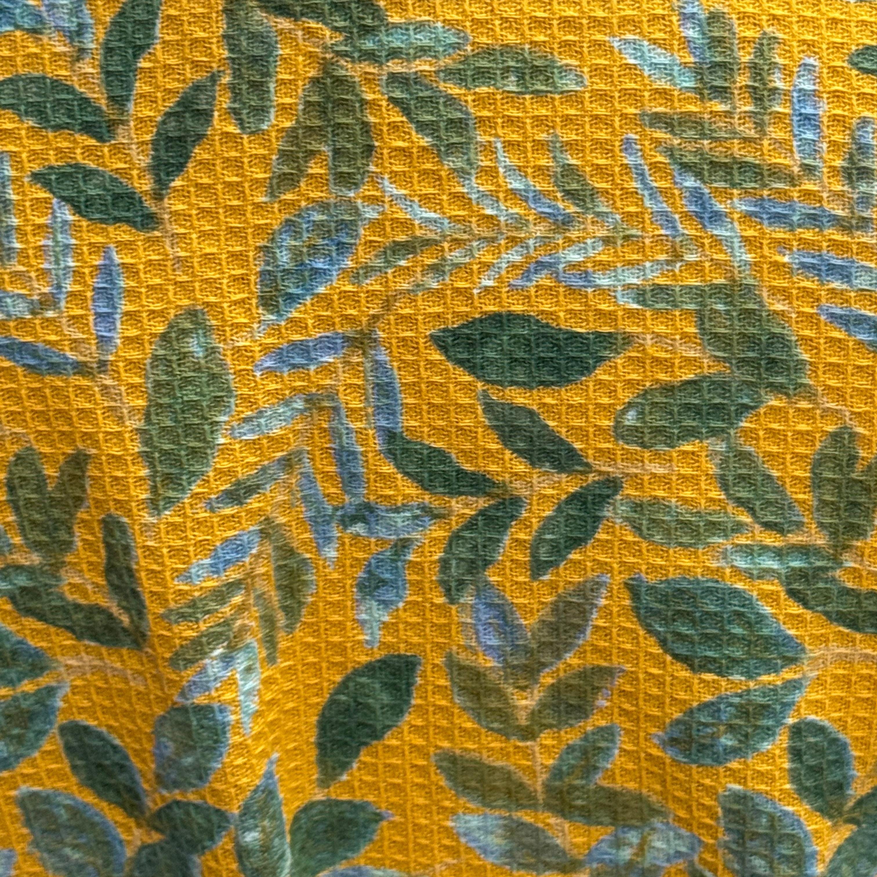 Waffle Cotton Kimono Robe - Botanical Yellow Leaf Design