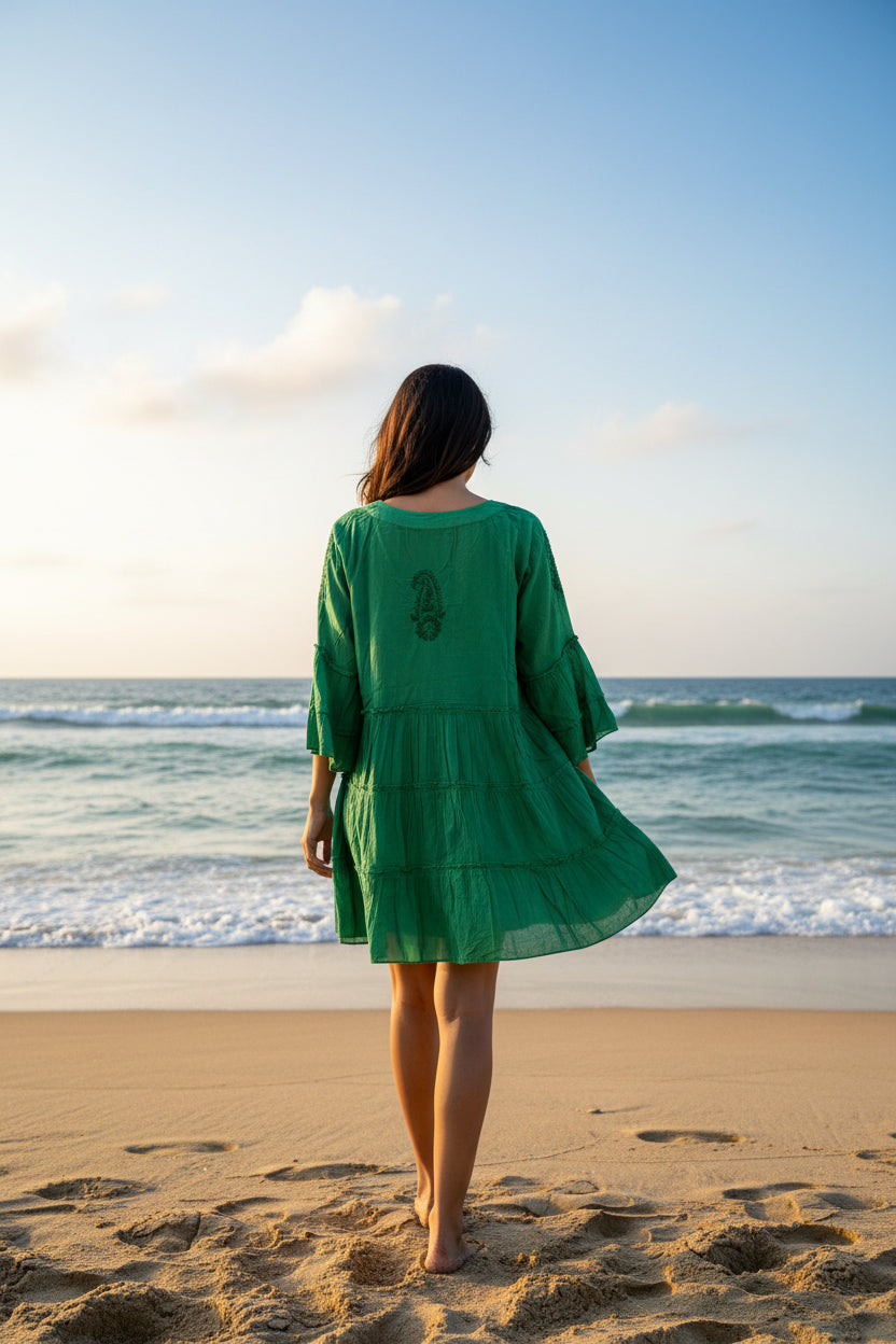 Boho cotton mini dress in emerald green, side view