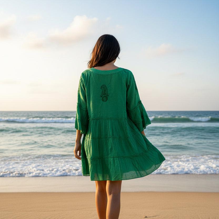 Boho cotton mini dress in emerald green, side view