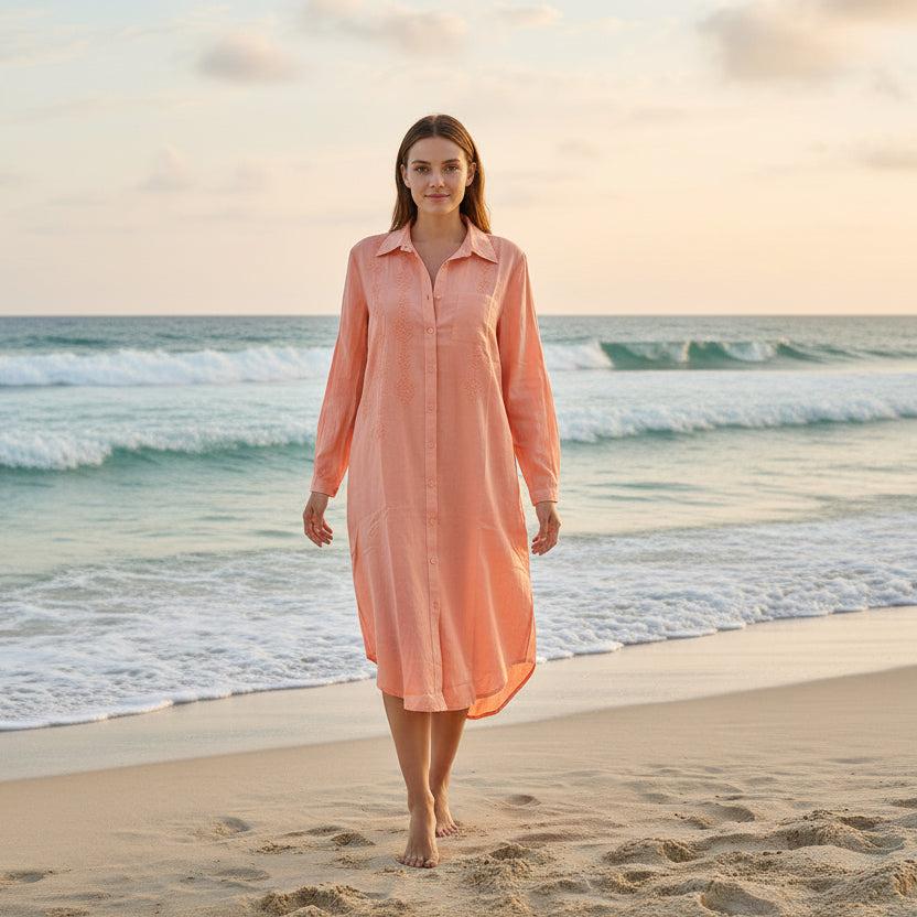Sunrise peach cotton shirt dress for women, front view with embroidered button-down