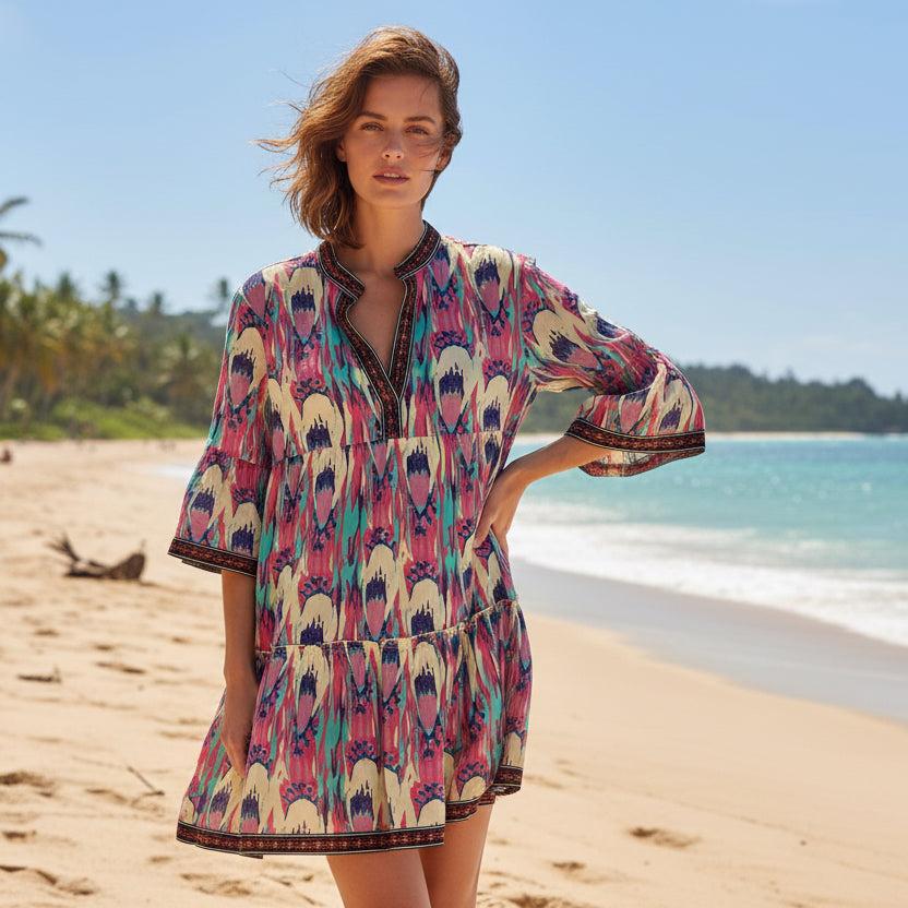Close-up of hand-dyed ikat patterns and vibrant jewel tones on cotton mini dress