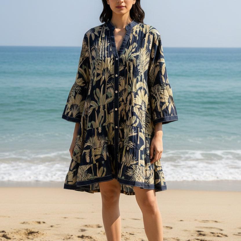 Palm Breeze tropical tiered cotton mini dress for women, front view