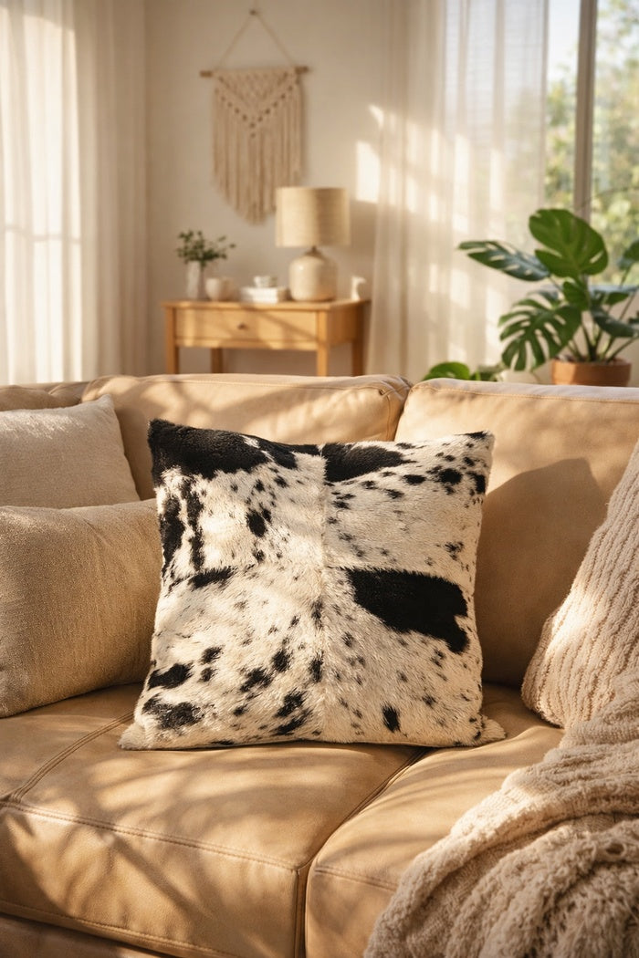Handcrafted black & white cowhide leather cushion cover on modern sofa