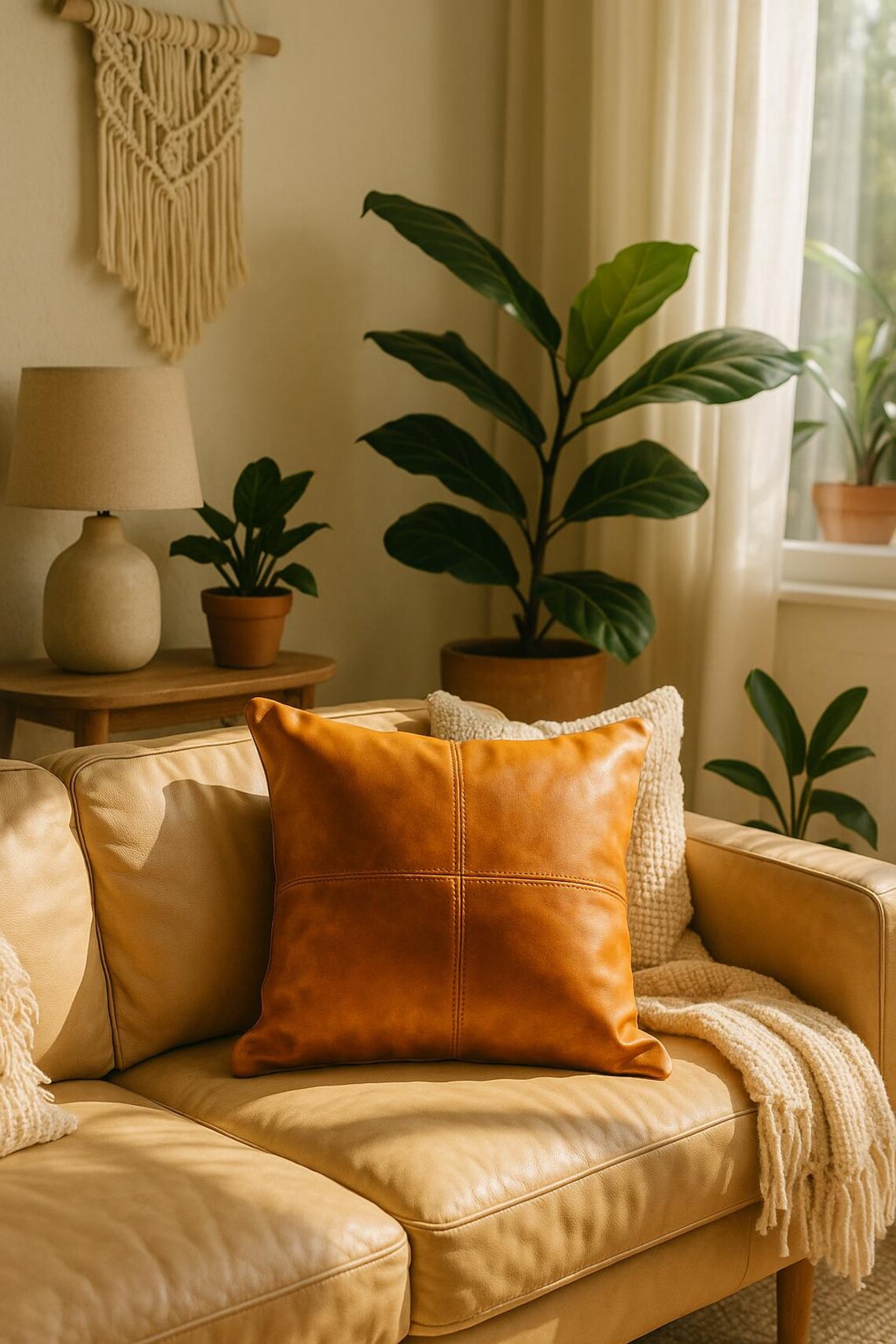 Tan Leather Cushion Cover - Brown, Luxurious Look