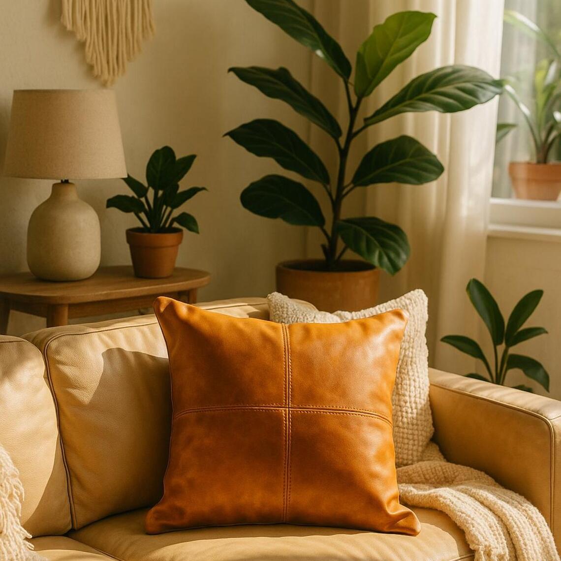 Tan leather cushion cover with a luxurious look on a light brown leather sofa.