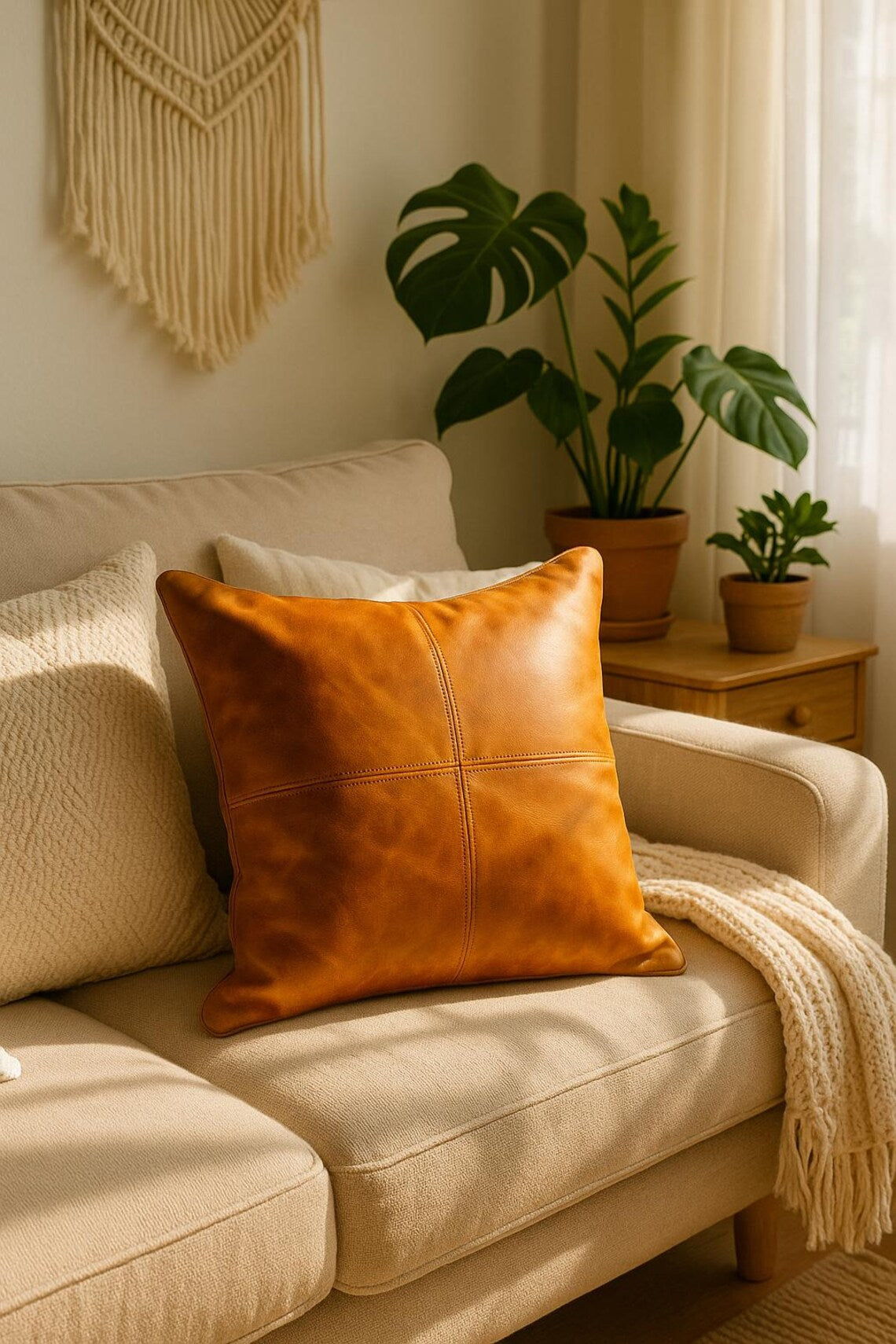 Tan Leather Cushion Cover - Brown, Luxurious Look
