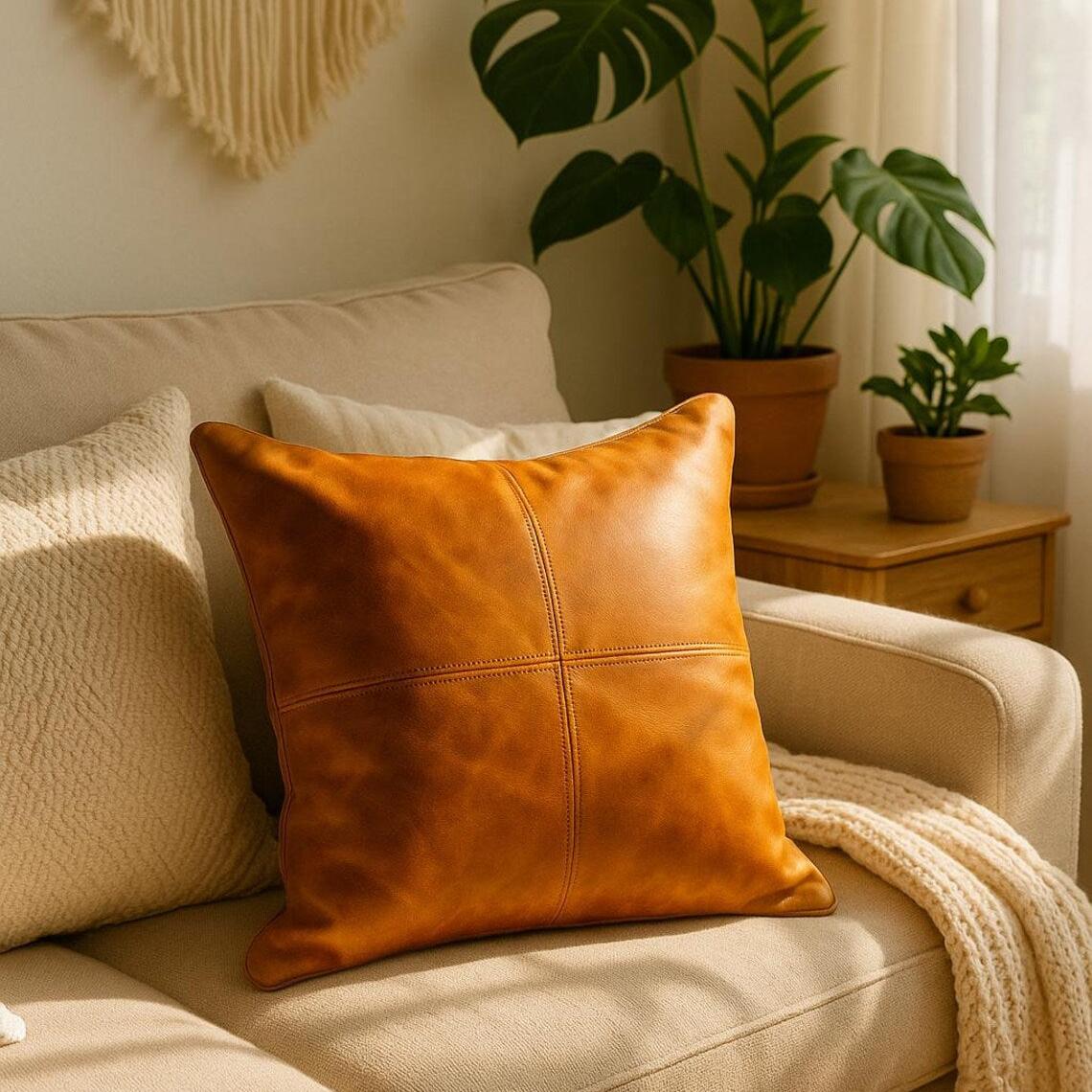 Tan leather cushion cover with stitched quadrants on a beige sofa, adding a luxurious touch.