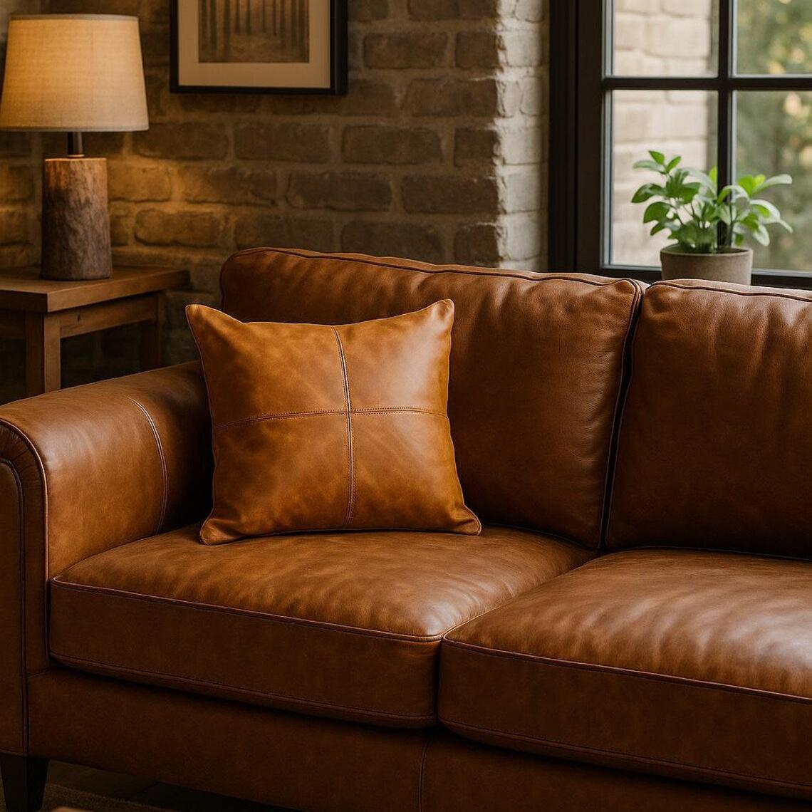 Tan leather cushion cover with stitched details on a brown leather sofa, adding a luxurious touch.