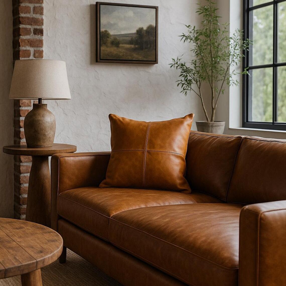 Tan leather cushion cover with stitched detail on a brown leather sofa in a luxurious living room.