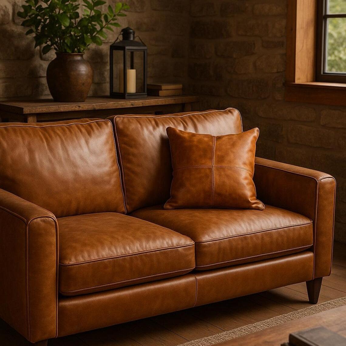 Tan leather cushion cover with a stitched cross design on a brown leather sofa.