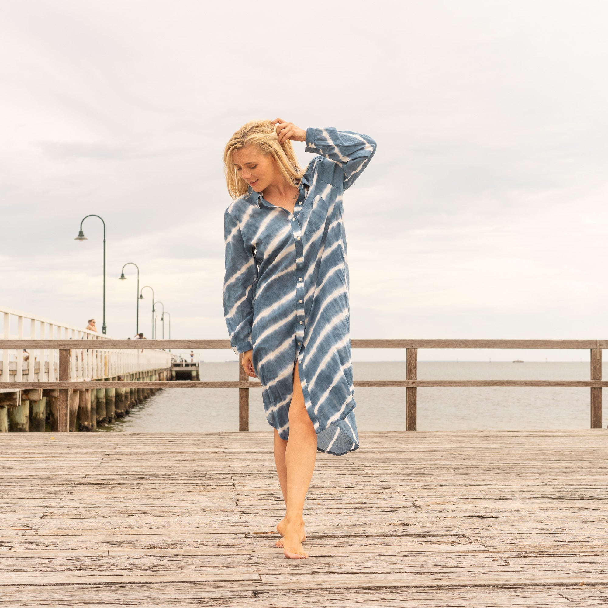 Boho hand dyed cotton shirt dress in indigo blue, side view