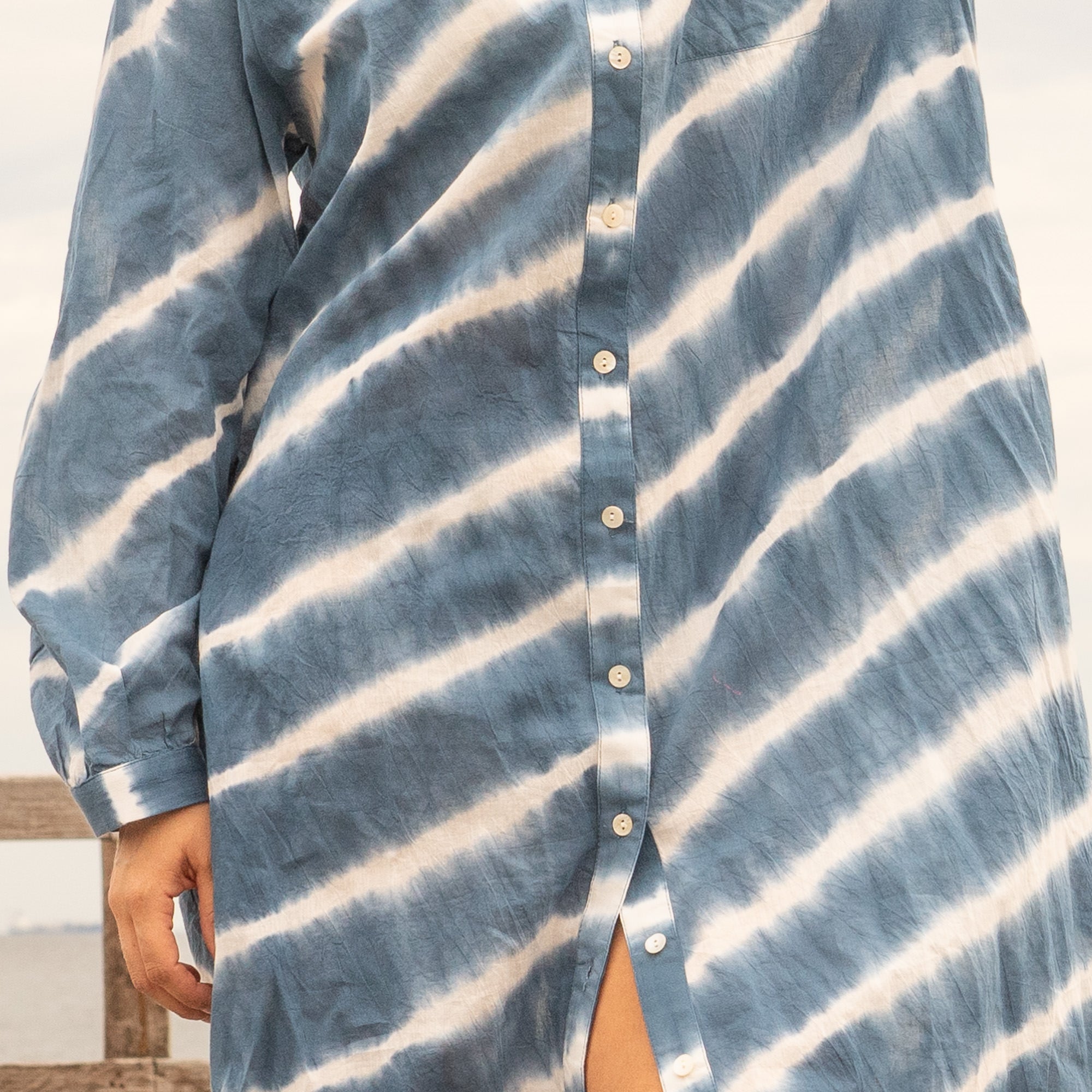 Relaxed fit indigo blue hand dyed cotton shirt dress for casual wear