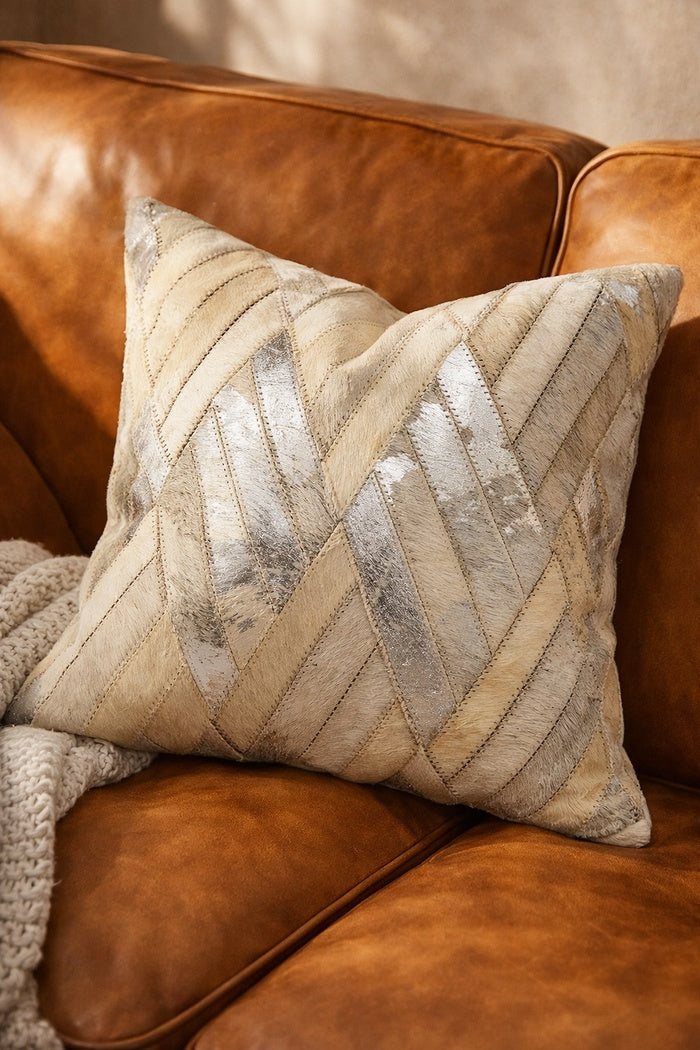 Ivory and silver leather cowhide cushion cover