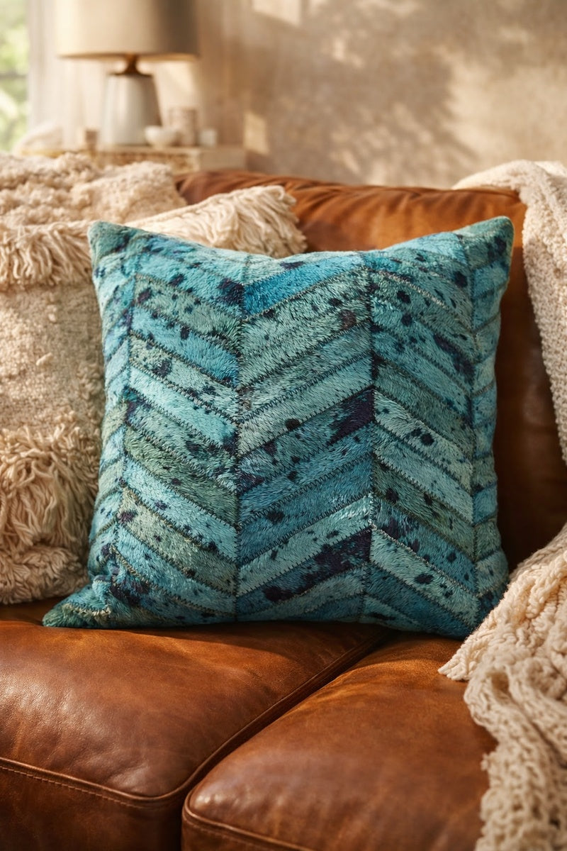Eclectic teal cowhide pillow cover 40x40 in genuine hide and leather