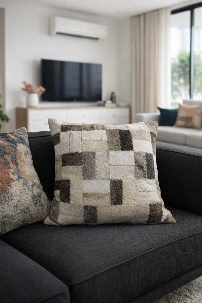 Handcrafted neutral cowhide leather checkerboard cushion cover 45x45cm for eclectic home décor