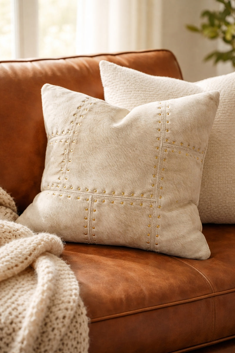 Ivory leather cowhide cushion cover with brass stud detailing, 40x40cm boho decorative pillow cover