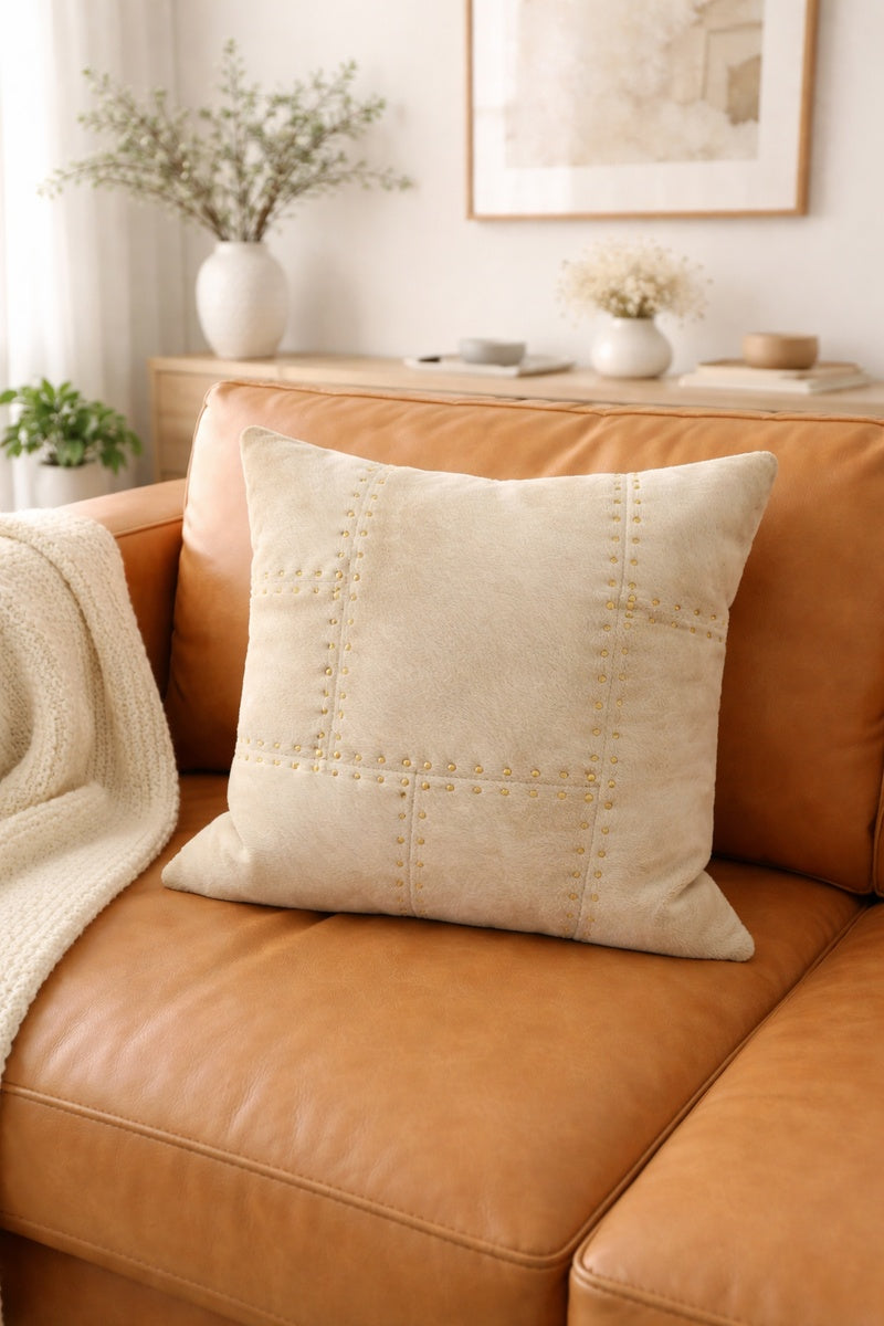 Square 40x40cm ivory cowhide cushion cover with decorative brass stud border