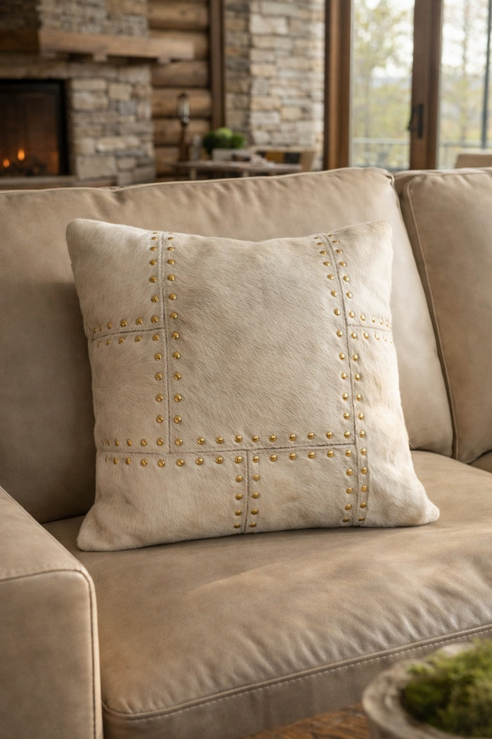 Luxury ivory leather cowhide throw pillow cover with brass stud accents