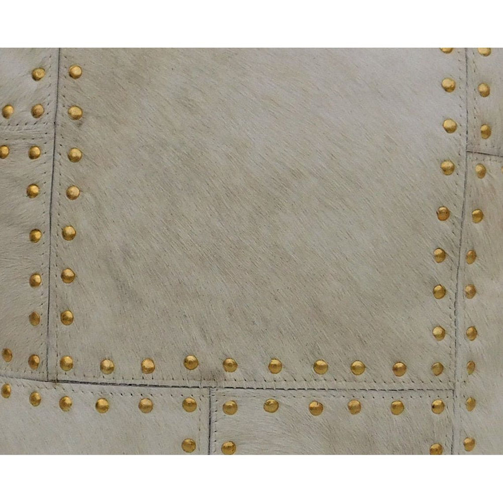 Rustic boho ivory cowhide cushion cover, genuine leather with brass detailing