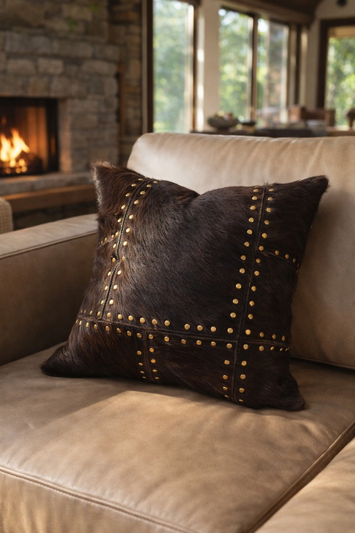 Boho studded cowhide leather cushion cover 40x40cm with genuine hide front and linen back