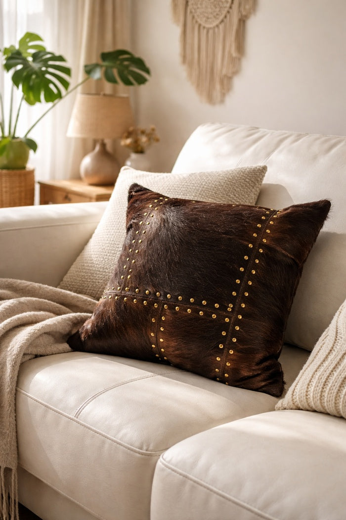 Handcrafted studded cowhide leather cushion cover with cotton linen back for boho decor