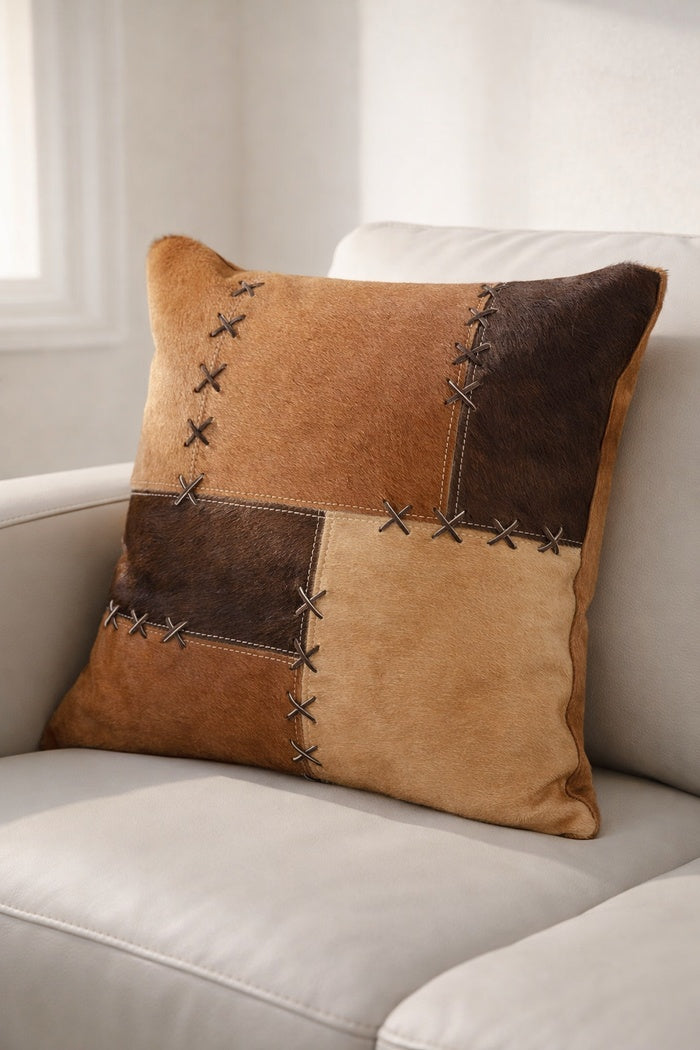 Handcrafted cowhide leather cushion cover 45x45cm in tan and chocolate for boho decor