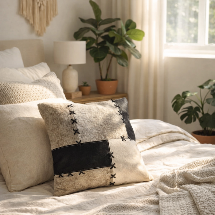 45x45cm black, grey & cream patchwork cowhide cushion cover with bold X-stitch detailing on a bed.