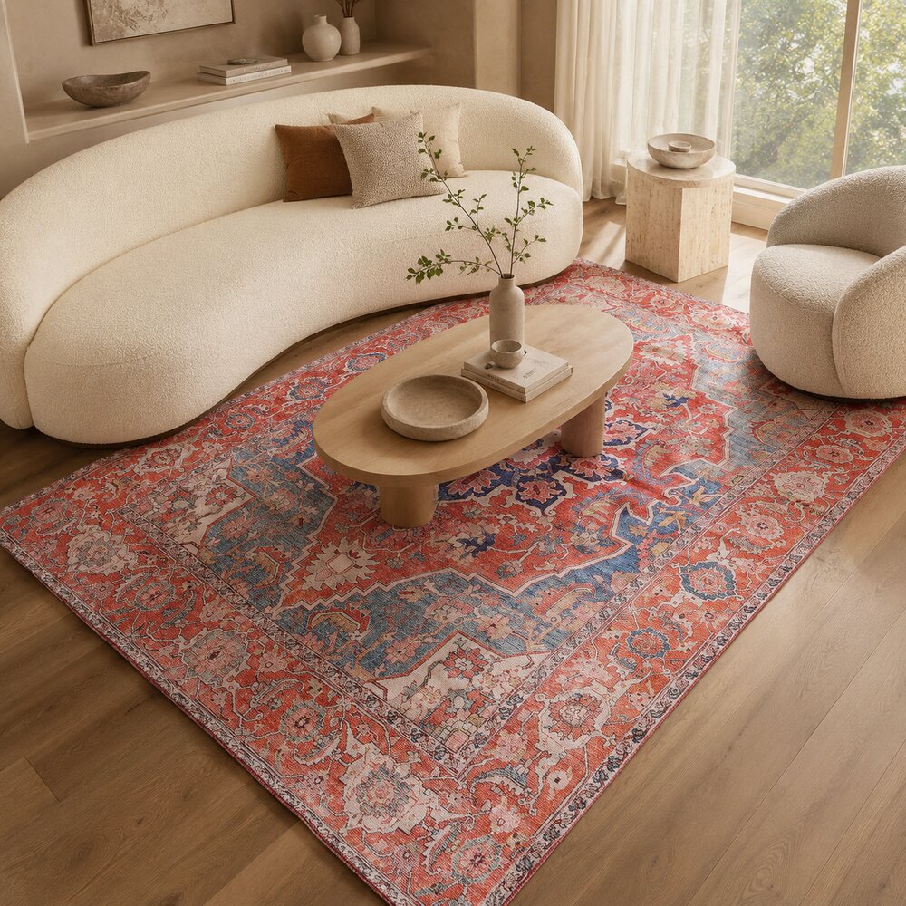 Vintage Persian style area rug with distressed boho medallion pattern for living room décor