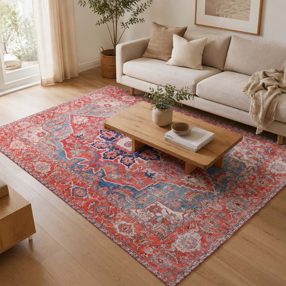 Distressed Persian boho area rug featuring a traditional vintage medallion design